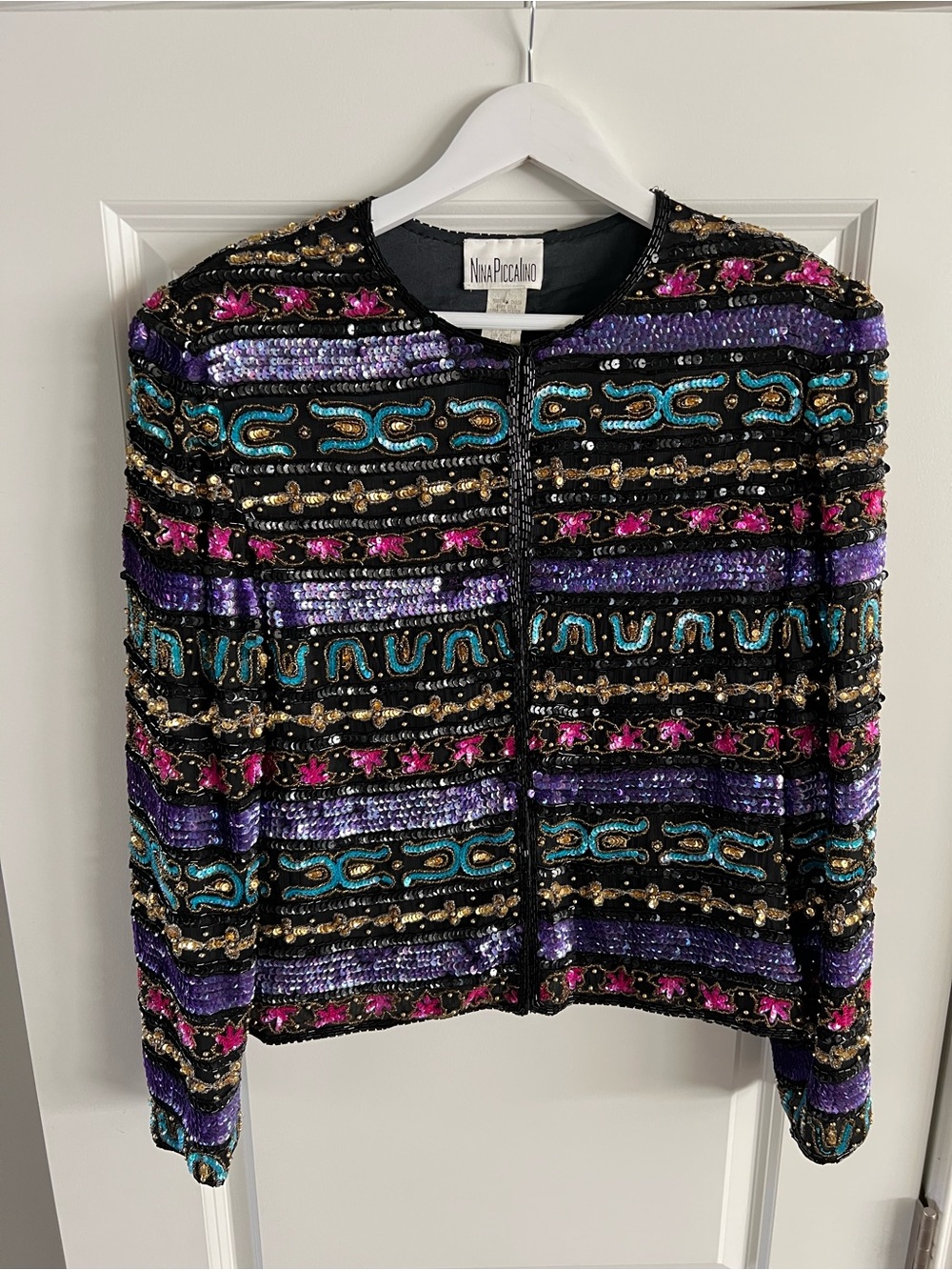 Nina Piccalino Silk Beaded Sequin Jacket Black Purple Multicolor Size 10 Vintage